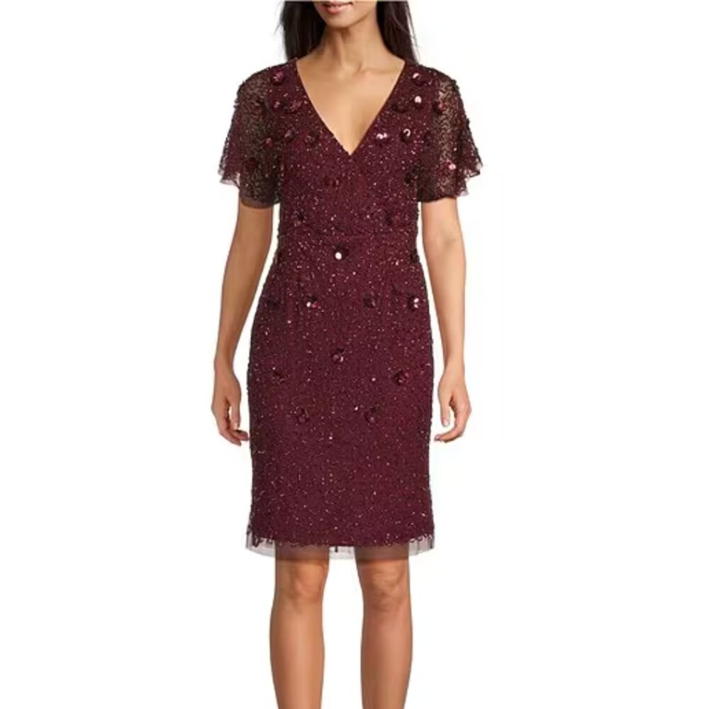 Adrianna Papell Beaded Flutter Sleeve Mesh Mahogany Dress